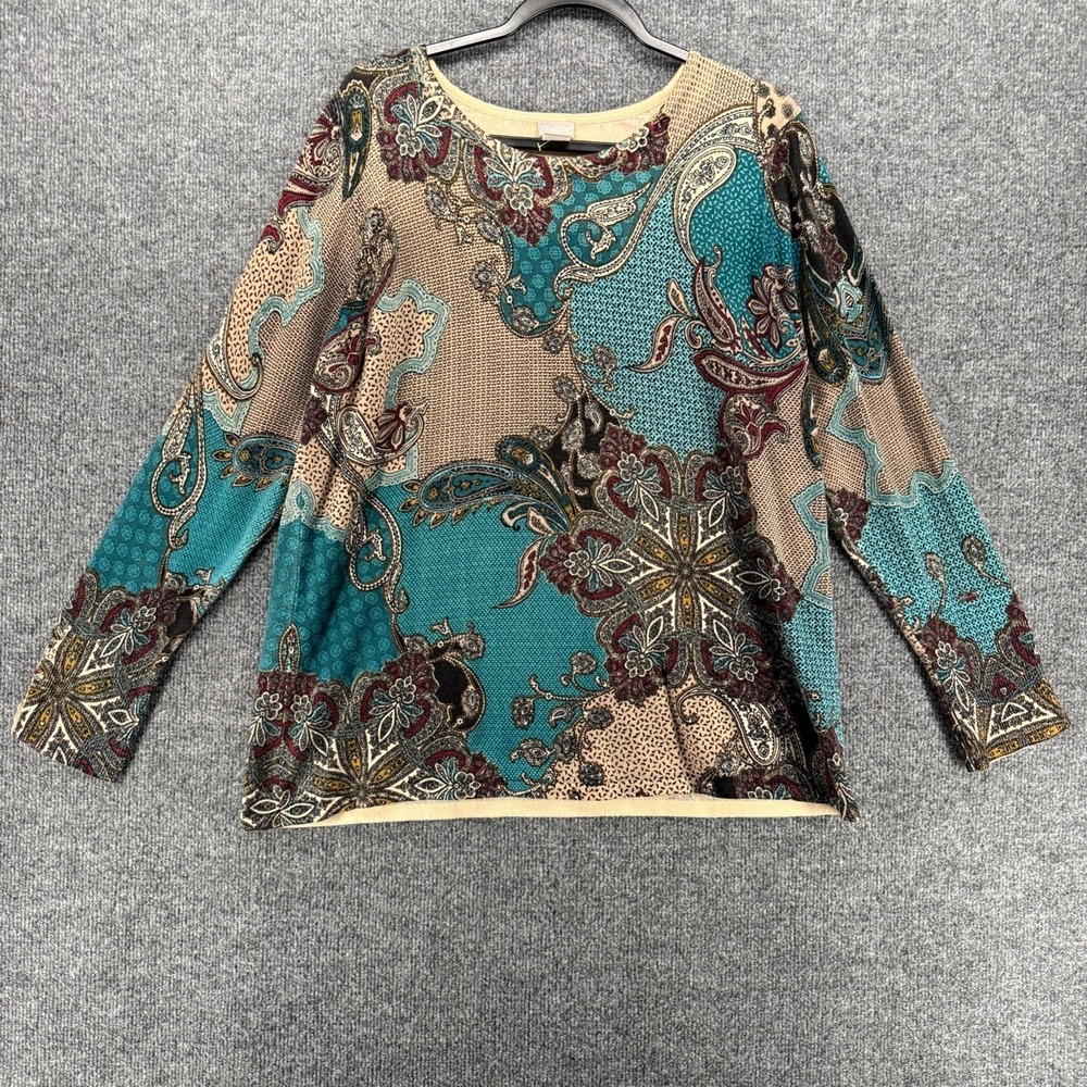 Chicos Sweater 3 Womens XL Paisley Patchwork Pullover Round Neck Casual Boho